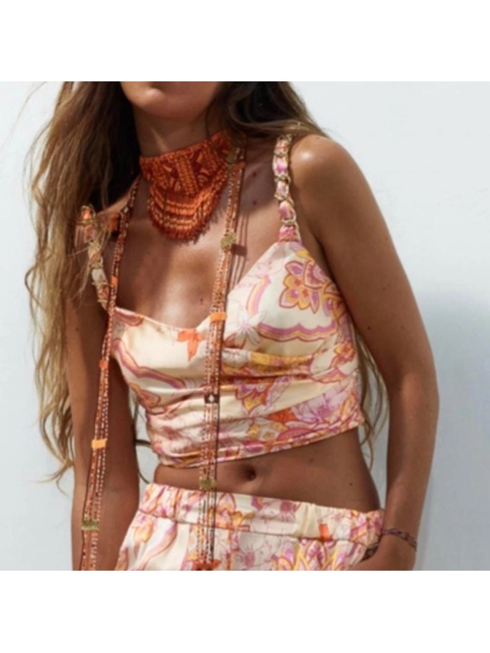 Zara Pink & Orange Floral Crop Top | M